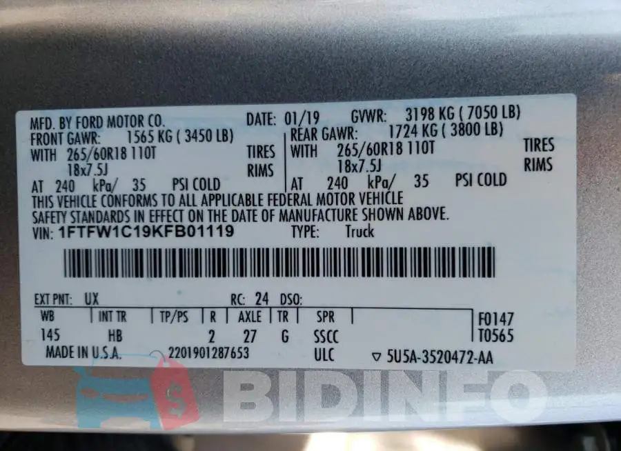 1FTFW1C19KFB01119 Photo# 12