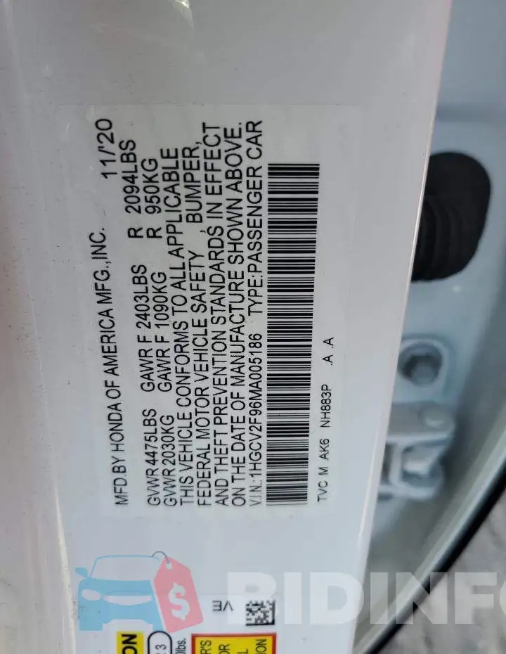 1HGCV2F96MA005186 Photo# 12