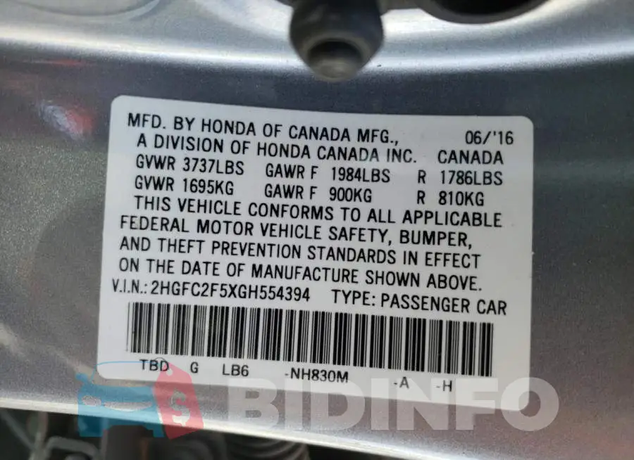 2HGFC2F5XGH554394 Photo# 13