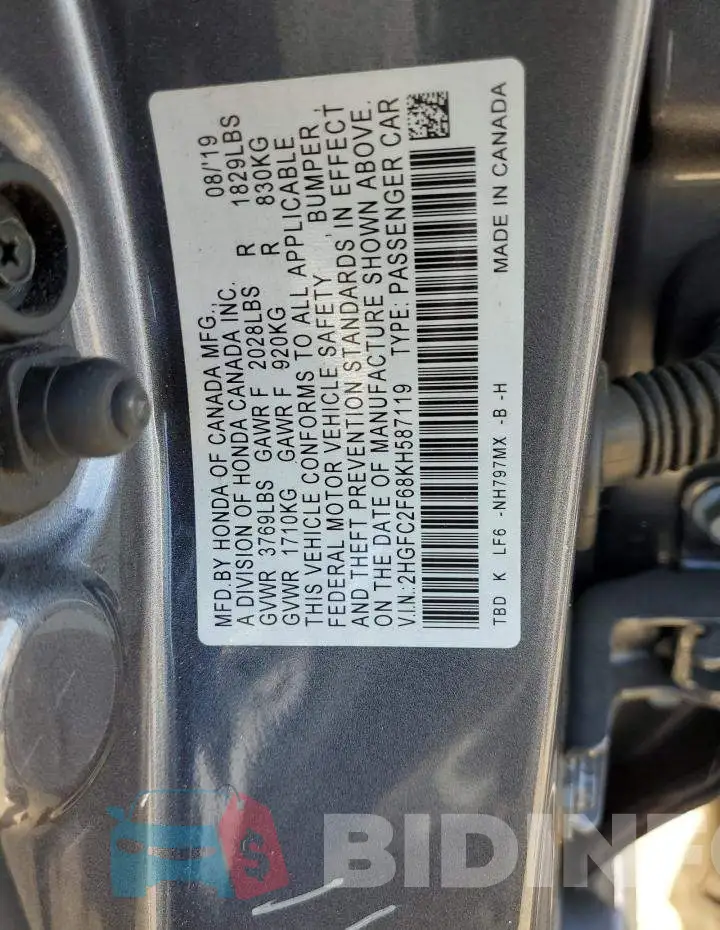 2HGFC2F68KH587119 Photo# 12