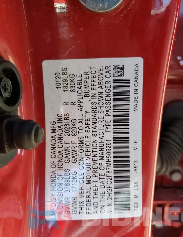 2HGFC2F87MH506261 Photo# 12