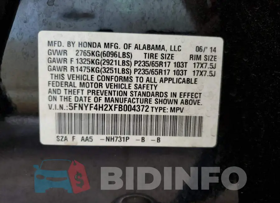 5FNYF4H2XFB004372 Photo# 12