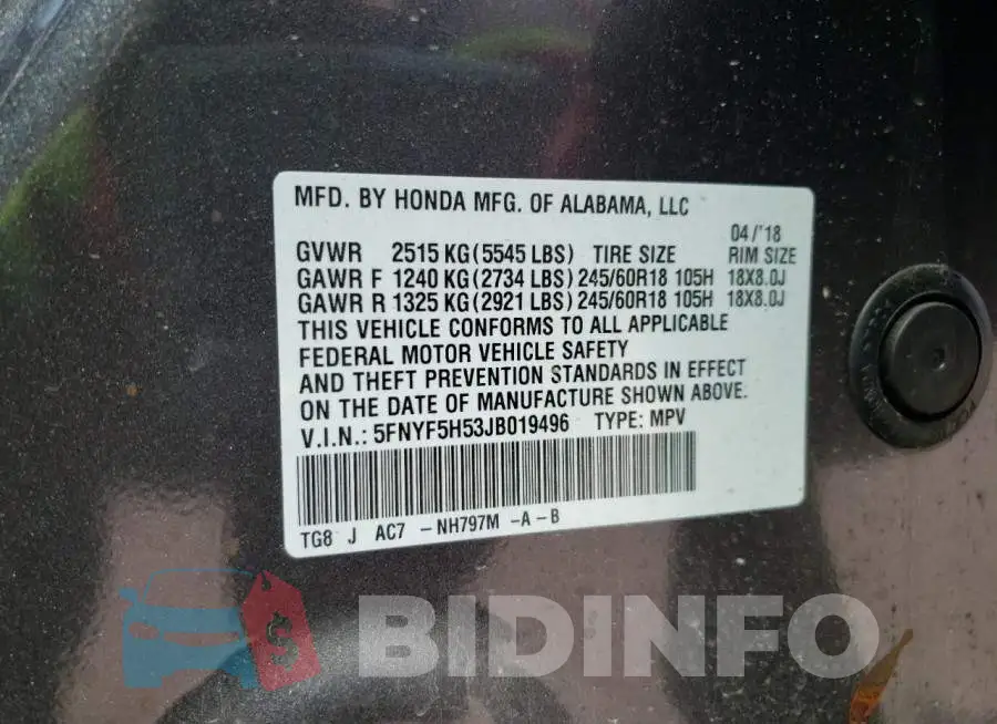 5FNYF5H53JB019496 Photo# 12