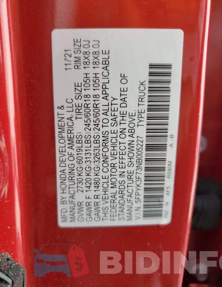 5FPYK3F73NB005227 Photo# 12