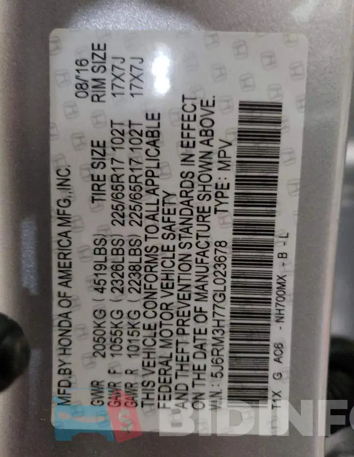 5J6RM3H77GL023678 Photo# 13