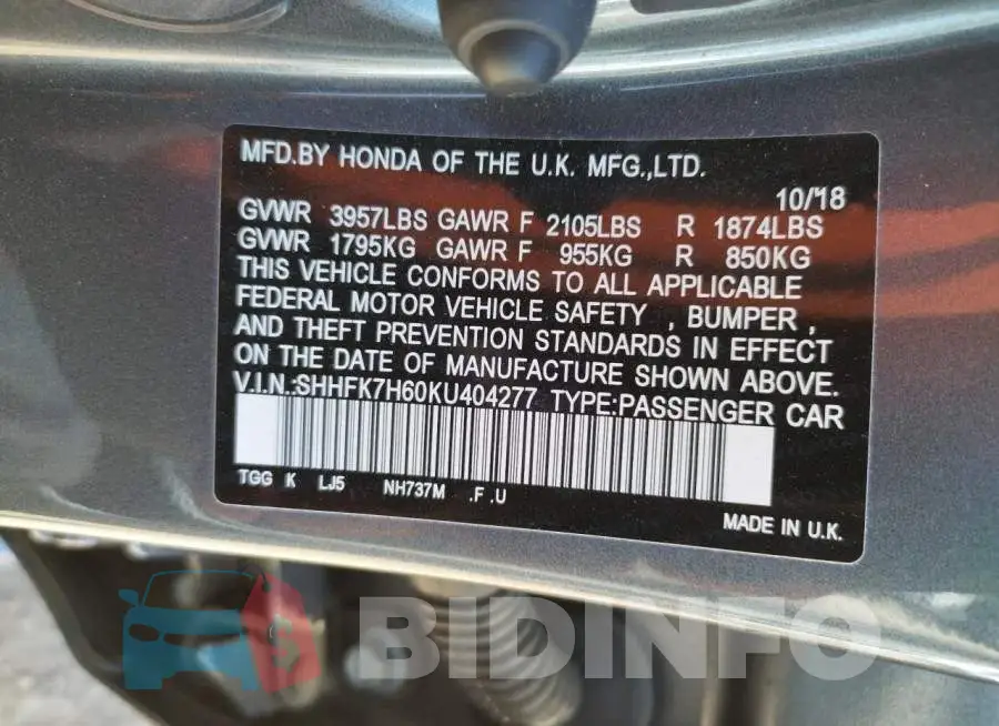 SHHFK7H60KU404277 Photo# 12