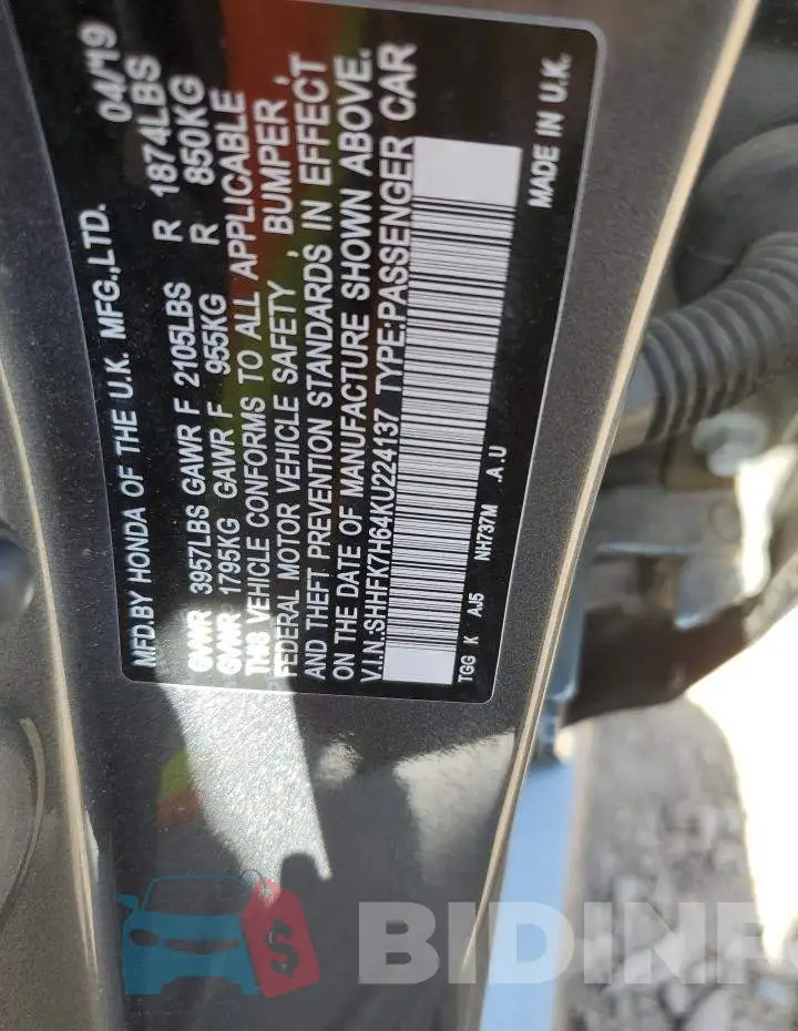 SHHFK7H64KU224137 Photo# 12
