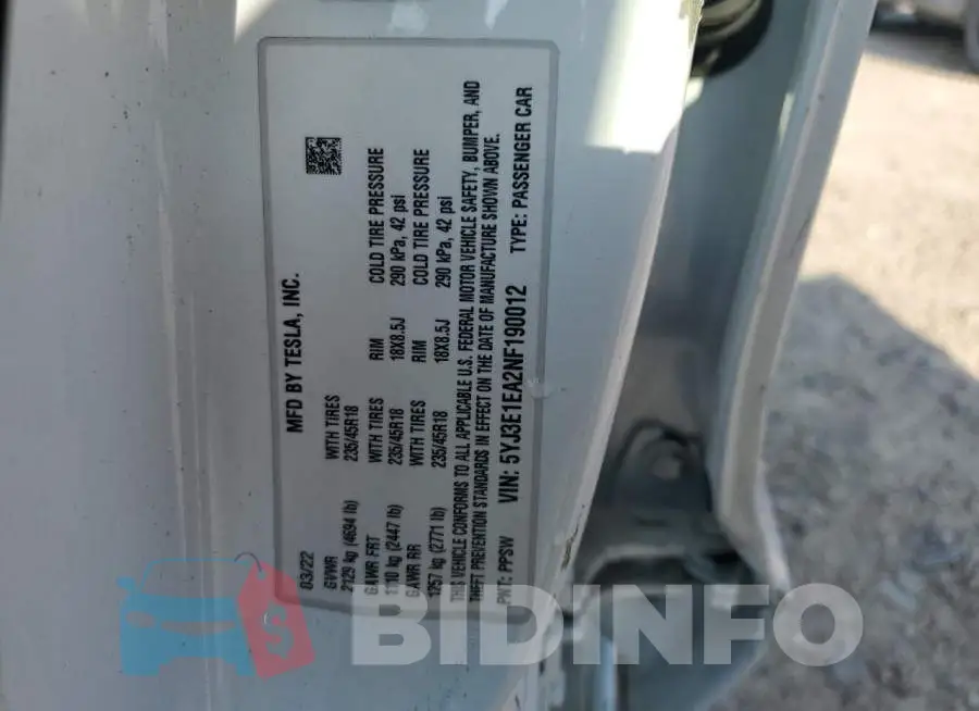 5YJ3E1EA2NF190012 Photo# 13