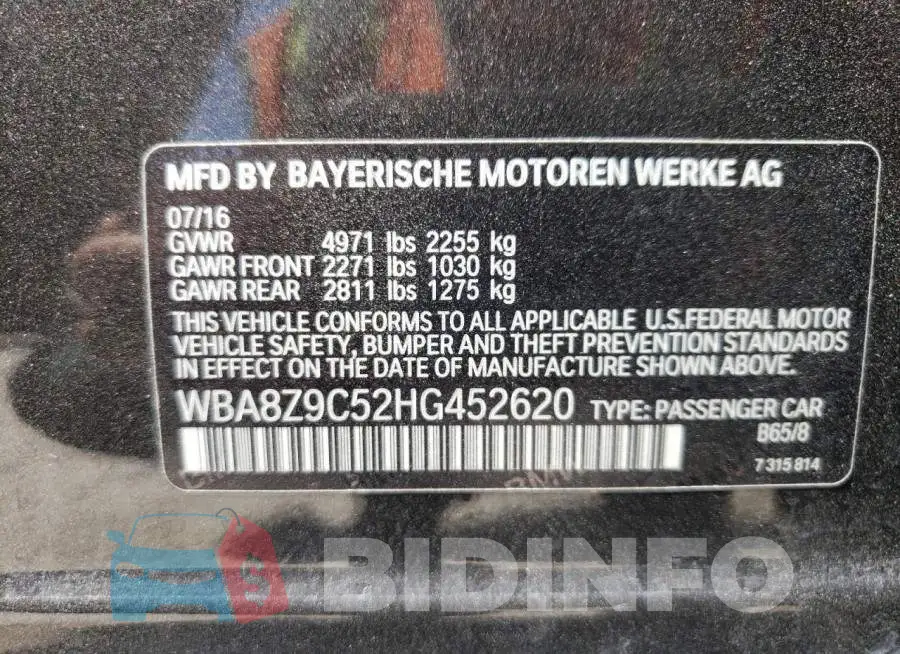 WBA8Z9C52HG452620 Photo# 12