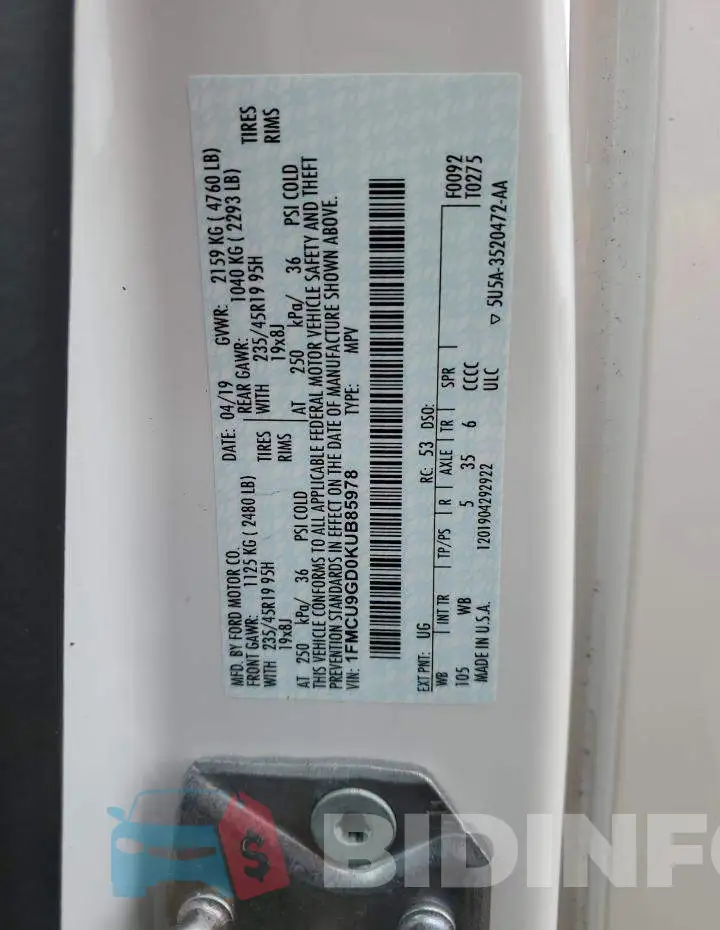 1FMCU9GD0KUB85978 Photo# 13
