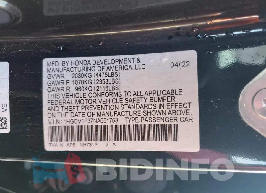 1HGCV1F37NA051763 Photo# 12