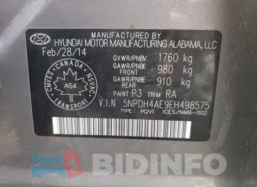 5NPDH4AE9EH498575 Photo# 13