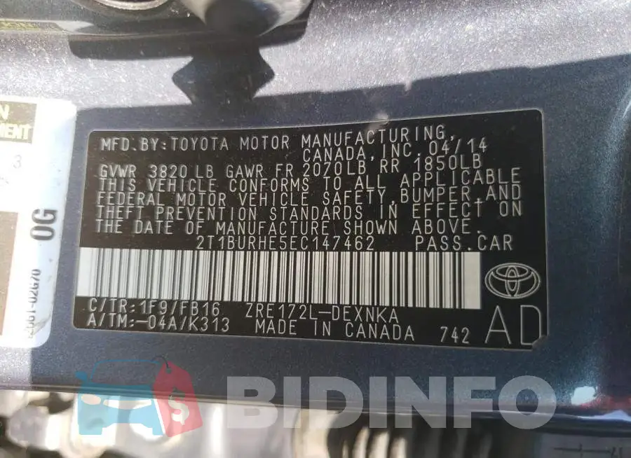 2T1BURHE5EC147462 Photo# 12