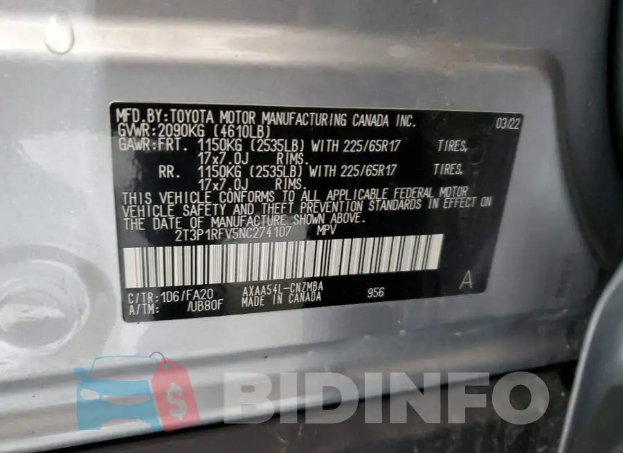 2T3P1RFV5NC274107 Photo# 12