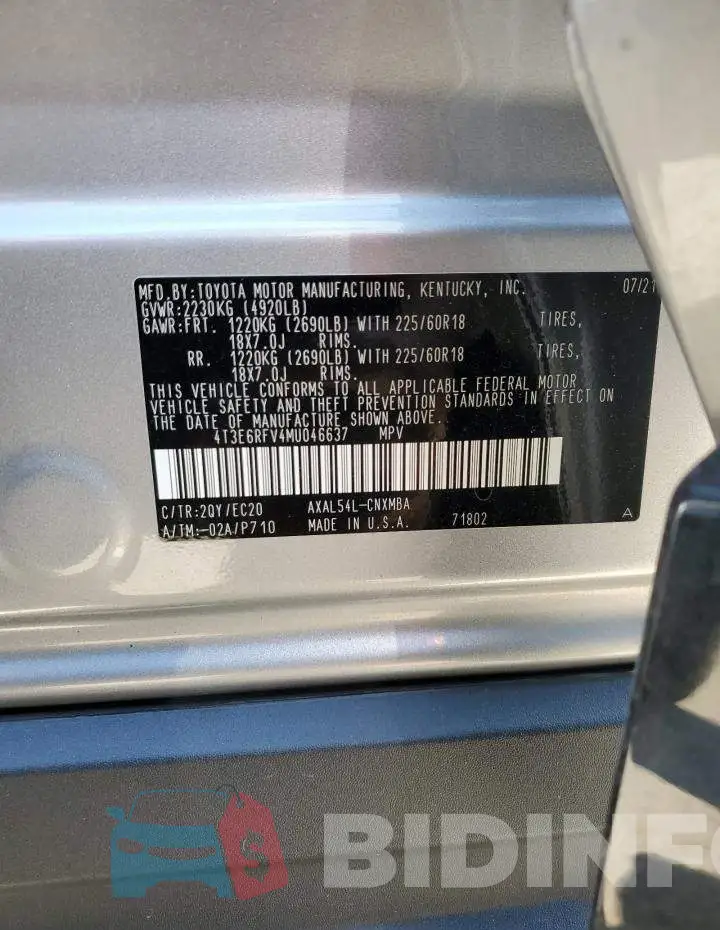 4T3E6RFV4MU046637 Photo# 14