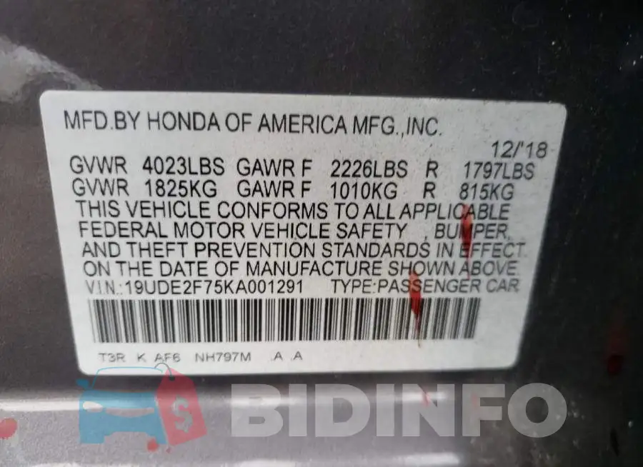 19UDE2F75KA001291 Photo# 12