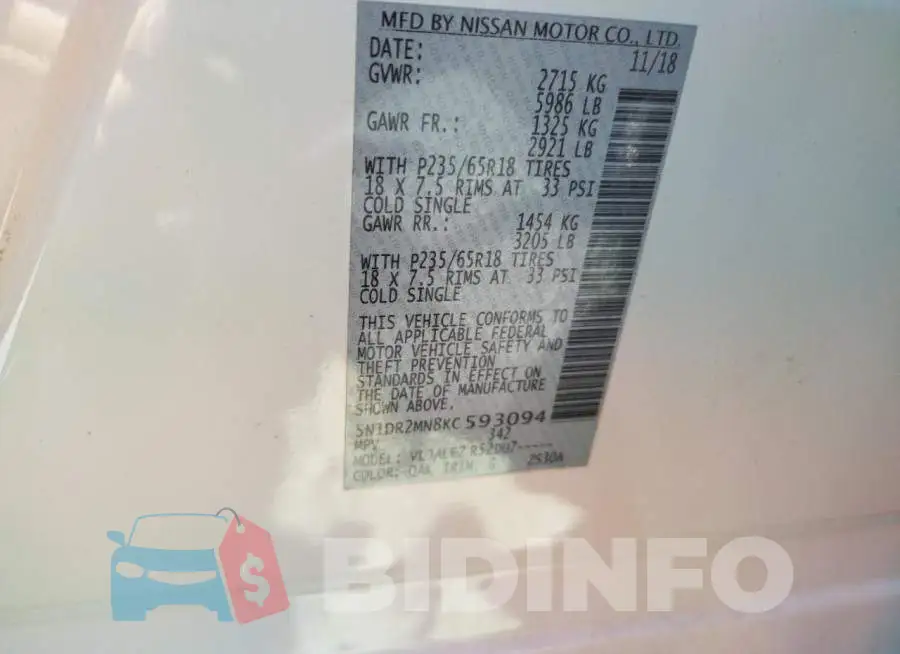 5N1DR2MN8KC593094 Photo# 13