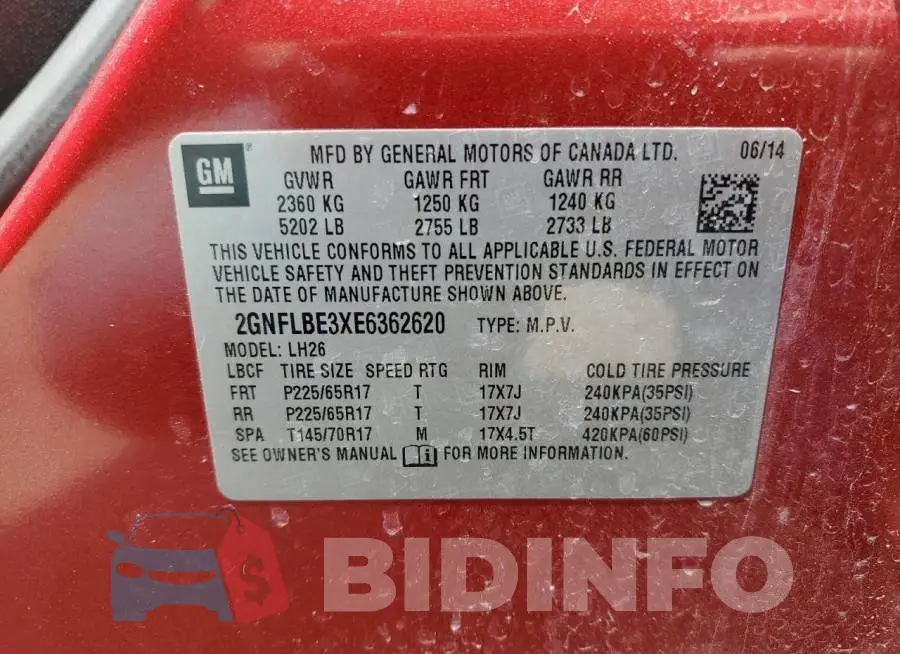 2GNFLBE3XE6362620 Photo# 13