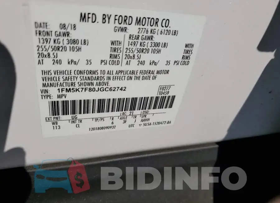 1FM5K7F80JGC62742 Photo# 12