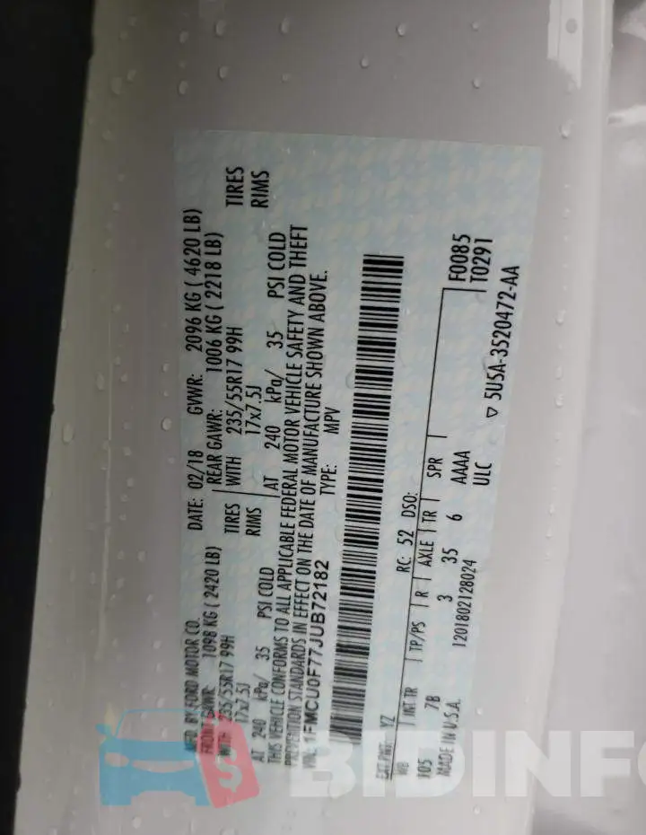 1FMCU0F77JUB72182 Photo# 13