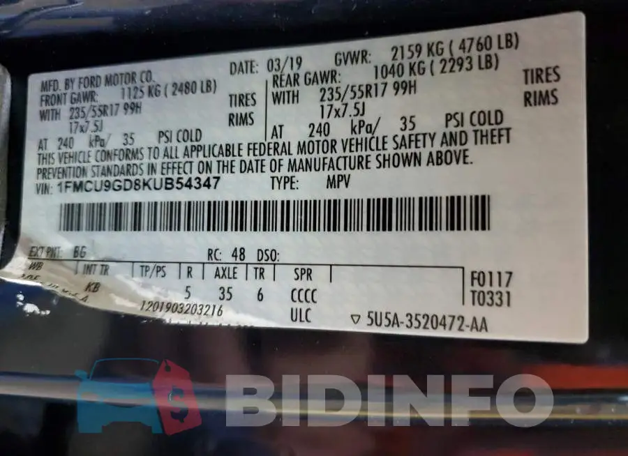 1FMCU9GD8KUB54347 Photo# 14