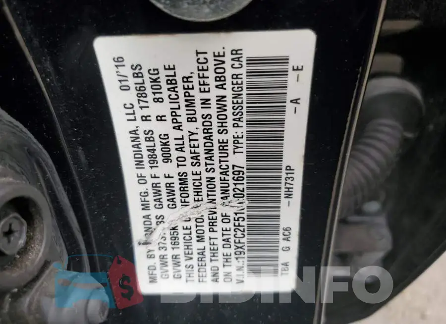 19XFC2F51GE021697 Photo# 12