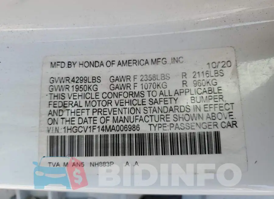 1HGCV1F14MA006986 Photo# 12