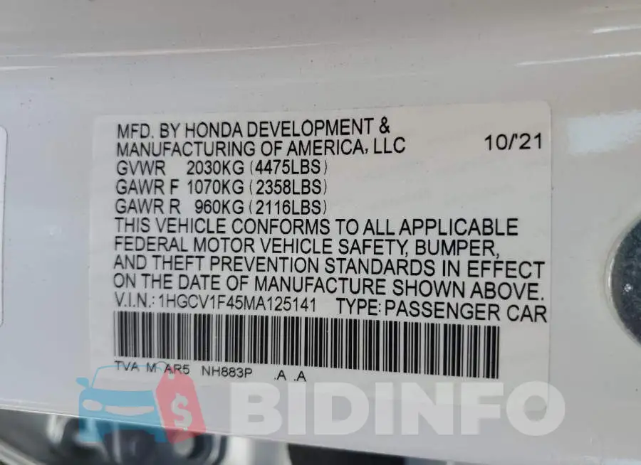 1HGCV1F45MA125141 Photo# 12