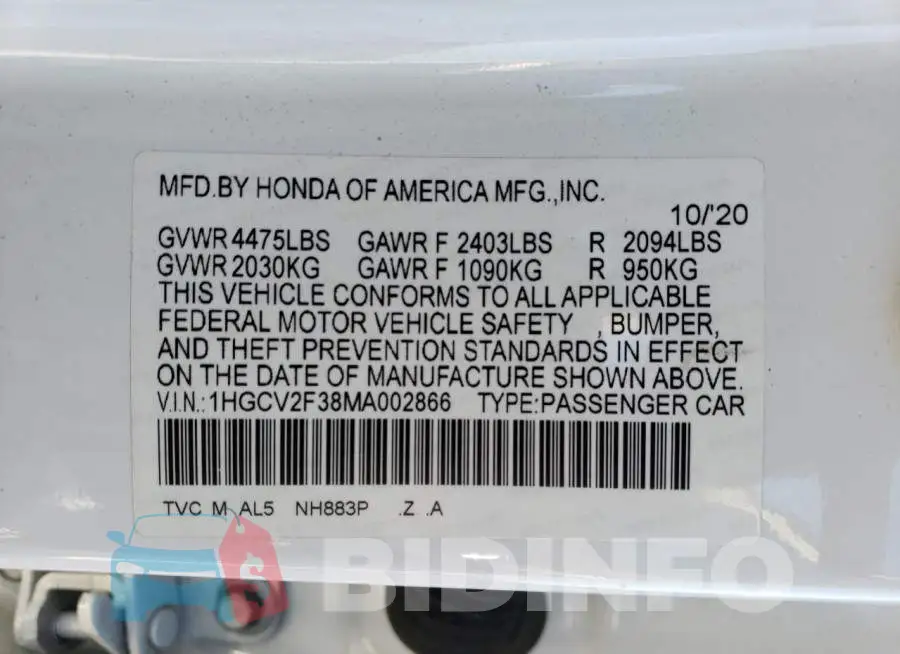 1HGCV2F38MA002866 Photo# 12