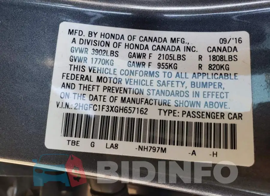2HGFC1F3XGH657162 Photo# 12