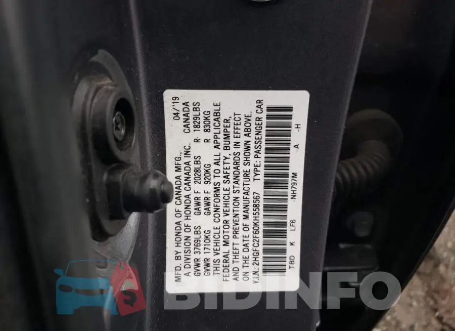 2HGFC2F60KH558567 Photo# 12