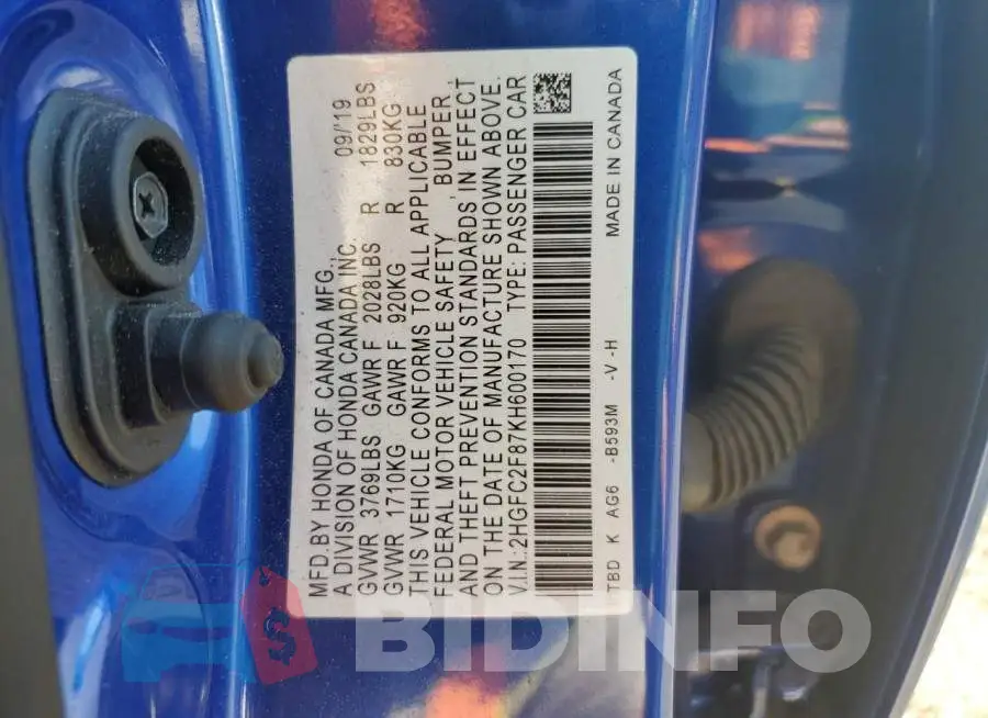 2HGFC2F87KH600170 Photo# 12