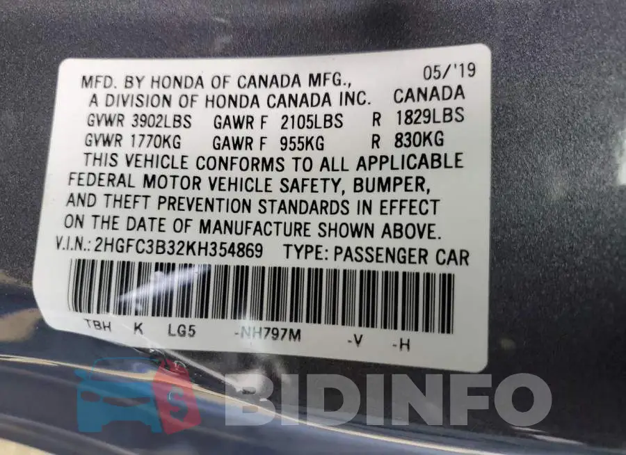 2HGFC3B32KH354869 Photo# 12