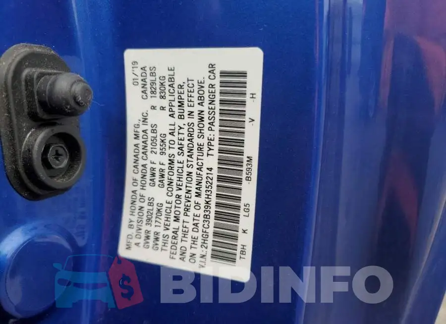 2HGFC3B39KH352214 Photo# 12