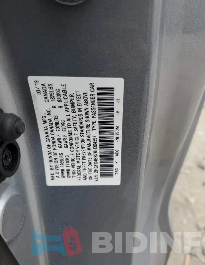 2HGFC4B87KH304597 Photo# 12