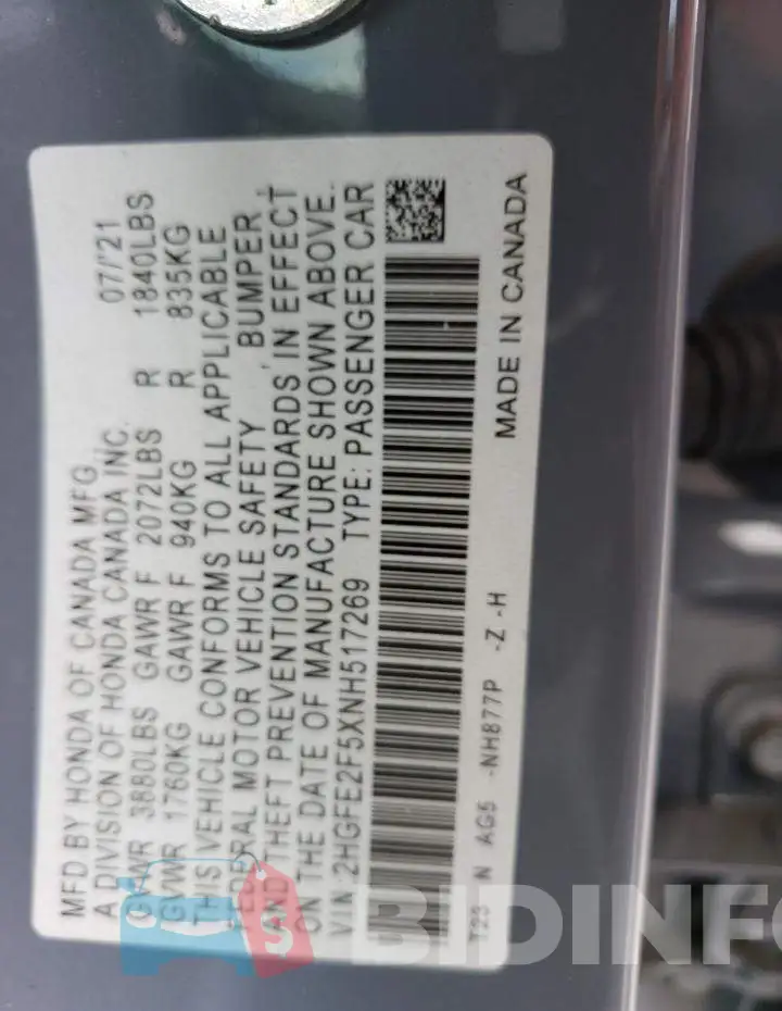 2HGFE2F5XNH517269 Photo# 12