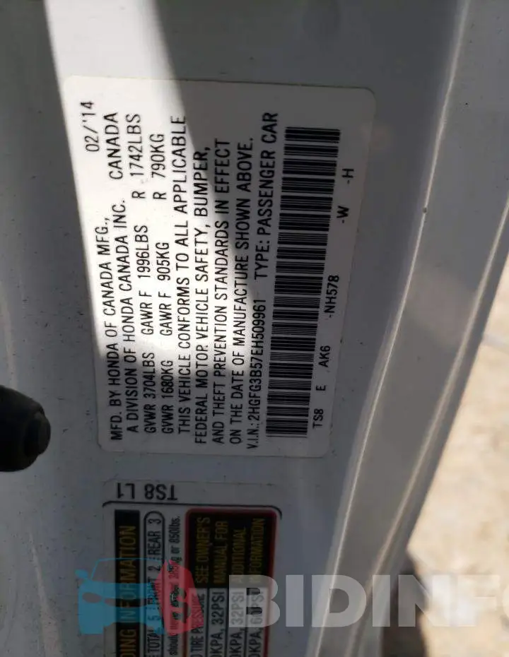 2HGFG3B57EH509961 Photo# 12
