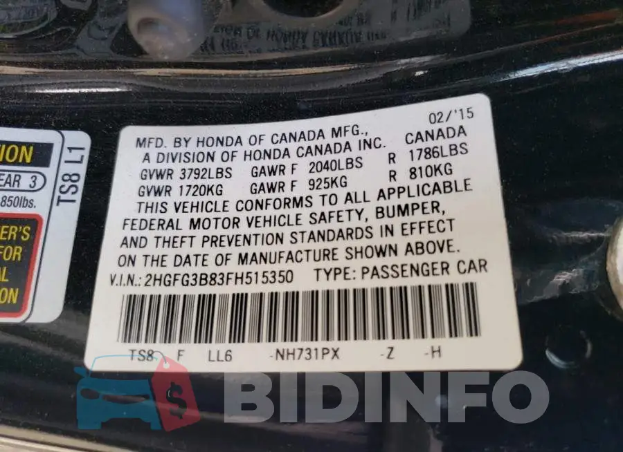 2HGFG3B83FH515350 Photo# 12