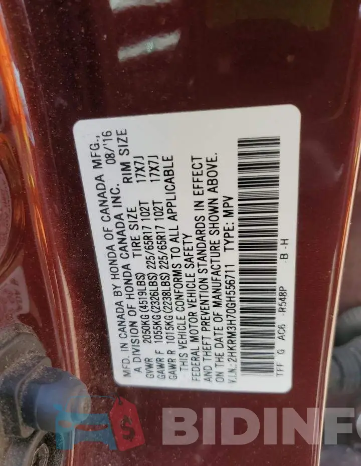 2HKRM3H70GH556711 Photo# 13