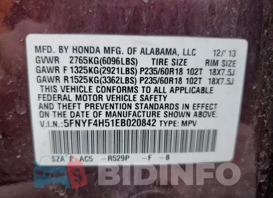 5FNYF4H51EB020842 Photo# 13