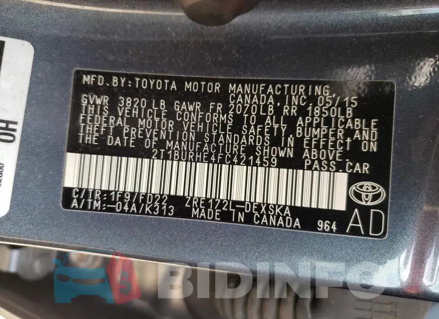 2T1BURHE4FC421459 Photo# 12