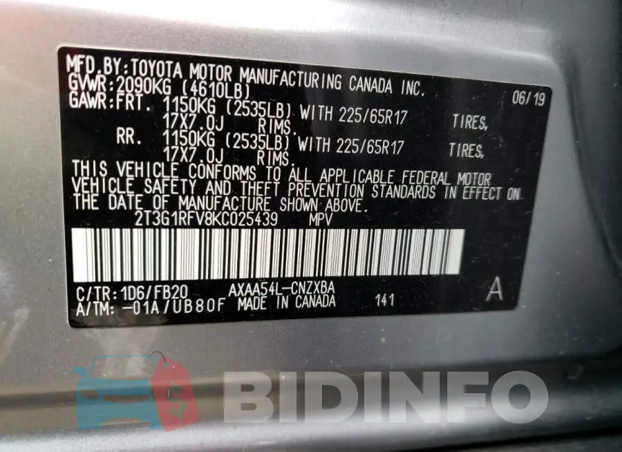 2T3G1RFV8KC025439 Photo# 13