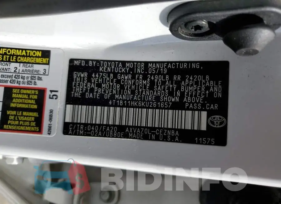 4T1B11HK6KU261657 Photo# 13