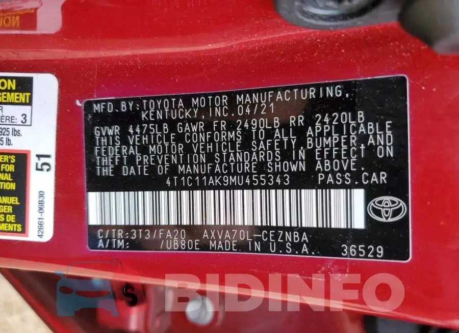 4T1C11AK9MU455343 Photo# 12