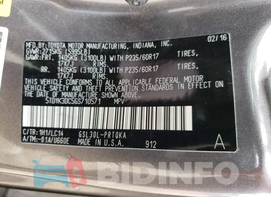 5TDYK3DC5GS710571 Photo# 14