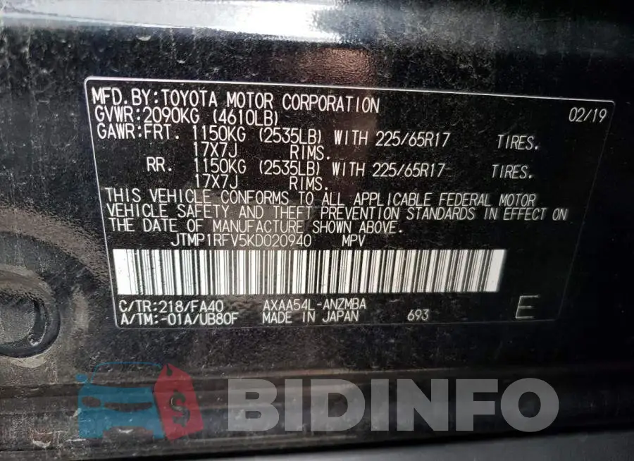 JTMP1RFV5KD020940 Photo# 14