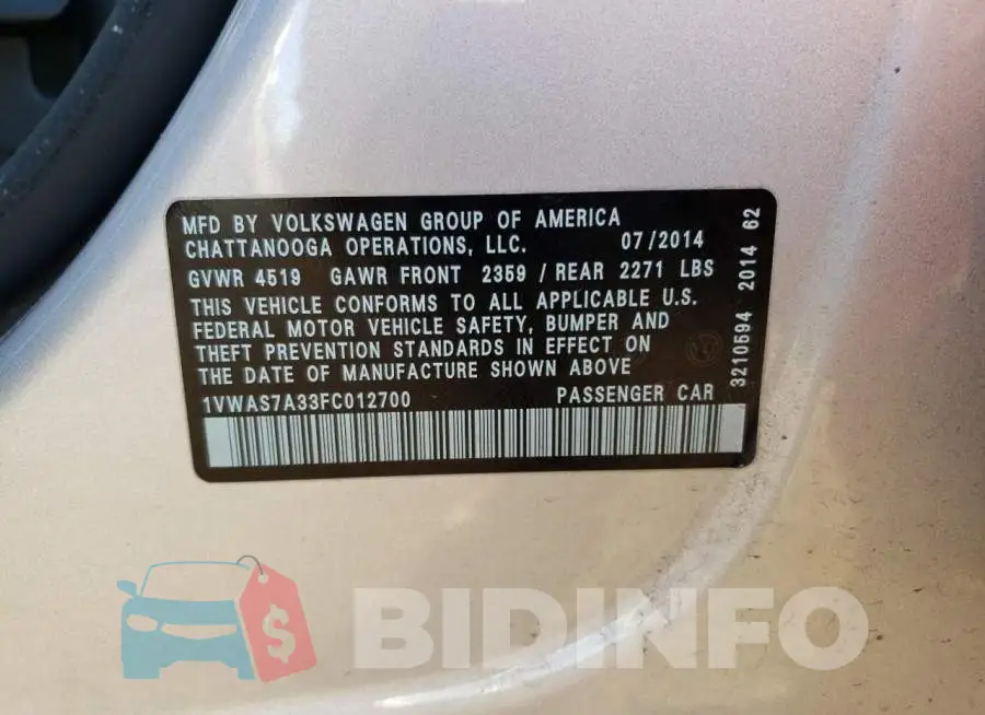 1VWAS7A33FC012700 Photo# 12