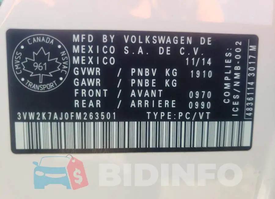 3VW2K7AJ0FM263501 Photo# 12