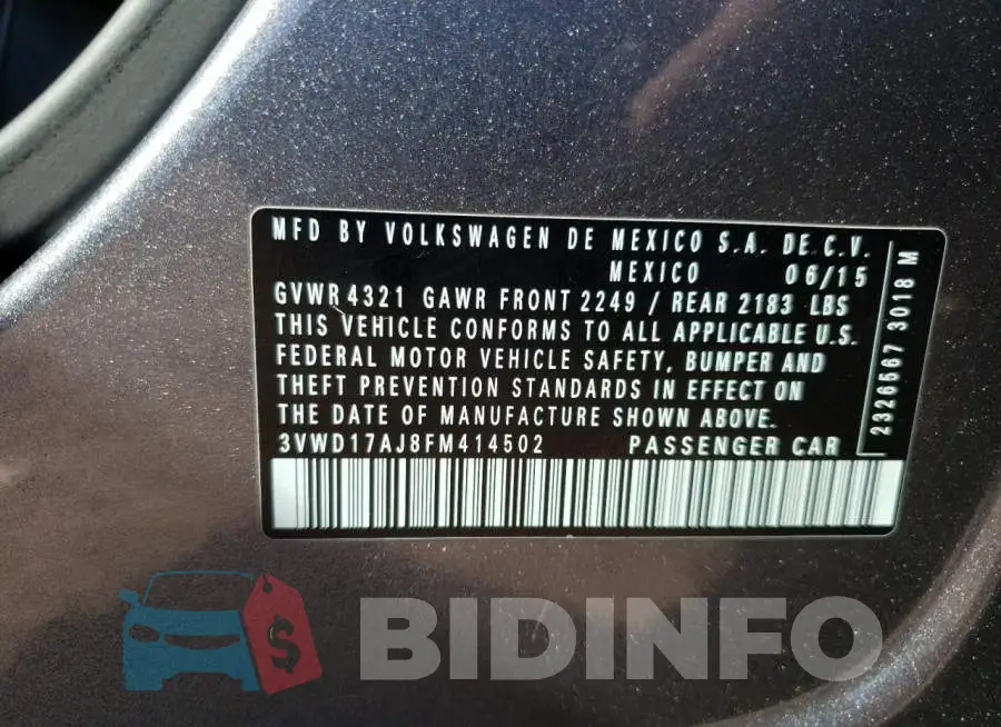 3VWD17AJ8FM414502 Photo# 12