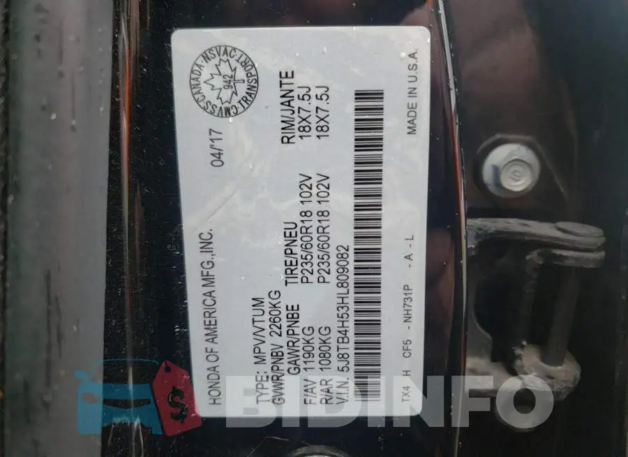 5J8TB4H53HL809082 Photo# 13